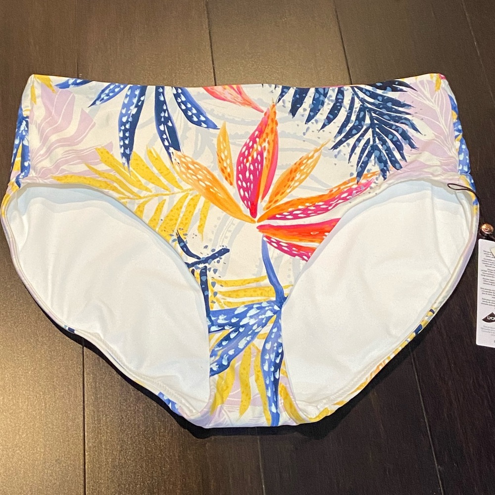 CALIA WATERCOLOR PALMS POWER SCULPT SWIM MID RISE BIKINI SIZE LARGE